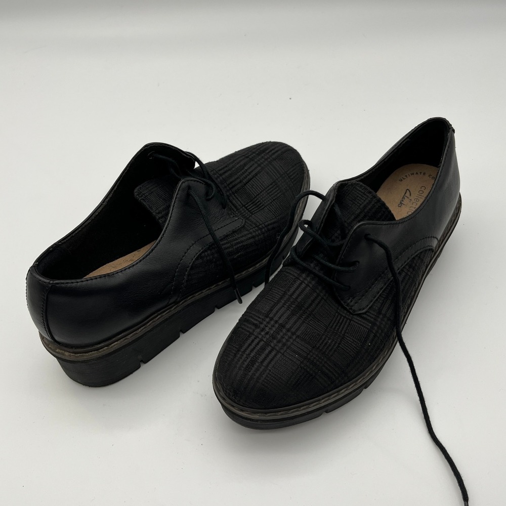 Clarks Collection Womens 6‎ Black Plaid Leather Platform Oxfords 261642004035